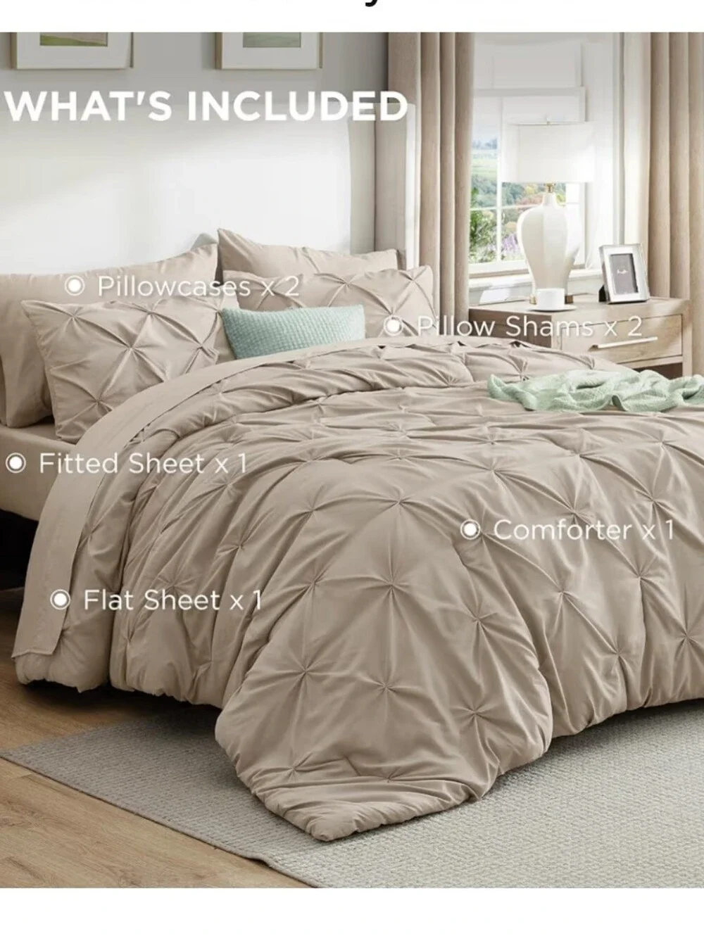 Bedsure Full Comforter 7 Piece Set. Bed in a Bag Gentlesoft Pintuck - Beige